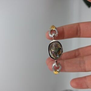 Avon Abalone Shell Oval Bangle Bracelet Silver Tone Hook Womens Beach Jewelry